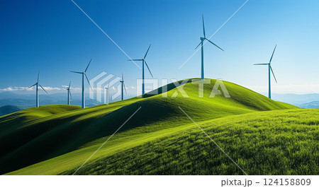 丘の上に立ち並ぶ風力発電のブレード エコロジーのイメージ 丘の上に立ち並ぶ風力発電のブレード エコロジーのイメージ 124158809