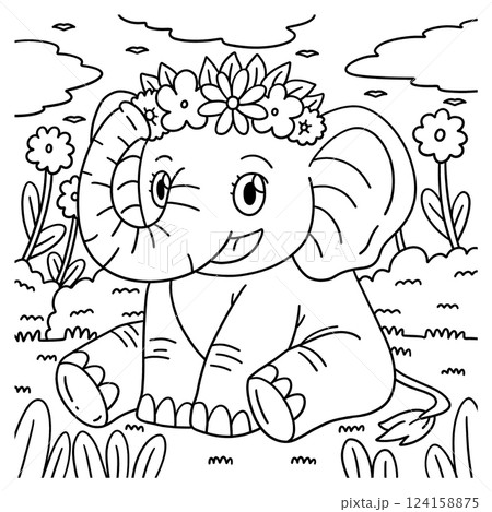 Elephant Wearing Flower Crown Coloring Page  124158875
