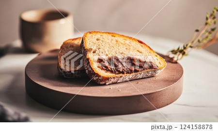 rustic whole-grain bread with creamy forest mushroom paste, infused with butter for deep umami flavor, crisp seeded crust, natural light, blurred foreground elements, cozy artisanal composition 124158878