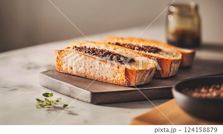 rustic whole-grain bread with creamy forest mushroom paste, infused with butter for deep umami flavor, crisp seeded crust, natural light, blurred foreground elements, cozy artisanal composition 124158879