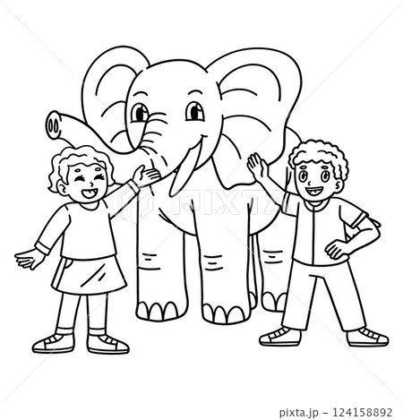 Elephant and Children Isolated Coloring Page  124158892