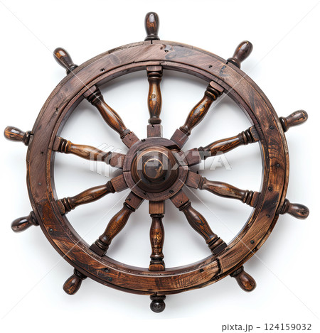 Isolated Vintage Wooden And Brass Ship's Steering Wheel Isolated Vintage Wooden And Brass Ship's Steering Wheel 124159032