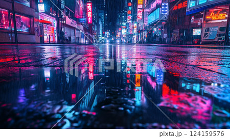 ネオンライトが反射する雨の夜の都市街並み 124159576