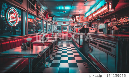 レトロなアメリカンダイナーのインテリアとネオンライトの風景 124159956