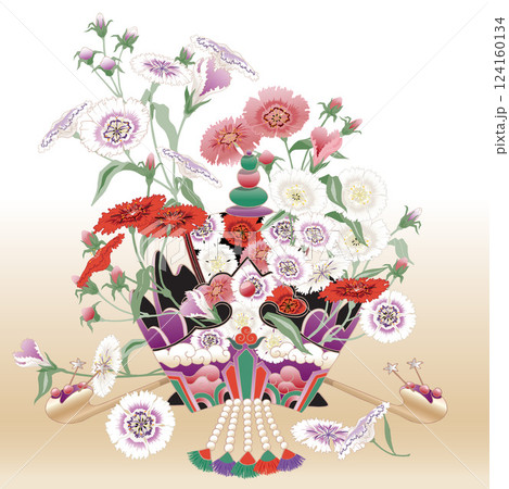 Vector Illustration of a Korean Bridal Crown Decorated with Dianthus Flowers Traditional Korean Wedding Culture  124160134