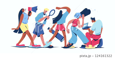 Searching for opportunities concept in cartoon web design. People with binoculars, magnifiers and telescopes looking new goals and career ideas. Flat vector illustration isolated on white background. Searching for opportunities concept in cartoon web design. People with binoculars, magnifiers and telescopes looking new goals and career ideas. Flat vector illustration isolated on white background. 124161322
