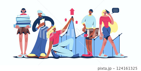 Effective business concept in cartoon web design. People developing project, achieving progress at profit graph with earning raising performance. Flat vector illustration isolated on white background. 124161325
