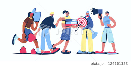Employees doing marketing concept in cartoon web design. People making market research, targeting audience, doing advertising at social media. Flat vector illustration isolated on white background. 124161328