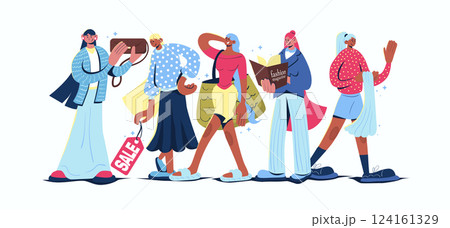 Women fashion concept in cartoon web design. Female people making shopping, buying new clothing and accessory, selecting stylish casual outfits. Flat vector illustration isolated on white background. 124161329