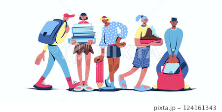 School learning concept in cartoon web design. People studying together in class. Teenage boys and girls with books, schoolbags and homework. Flat vector illustration isolated on white background. School learning concept in cartoon web design. People studying together in class. Teenage boys and girls with books, schoolbags and homework. Flat vector illustration isolated on white background. 124161343