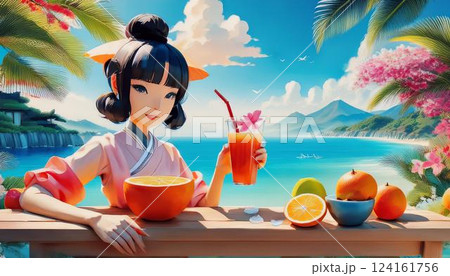 ビーチでカクテルを飲む女性 124161756