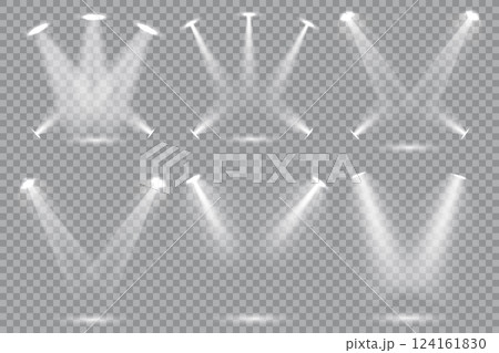 Collection of bright white stage lighting spotlights Collection of bright white stage lighting spotlights 124161830