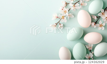 Pastel Easter eggs and delicate cherry blossoms are arranged on a soft pastel blue background, creating an elegant spring composition with copy space for design or text. 124162029