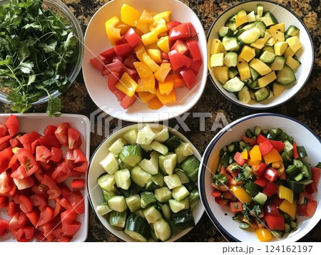 Vegan meal preparation with fresh, colorful vegetables and herbs from a home garden Vegan meal preparation with fresh, colorful vegetables and herbs from a home garden 124162197