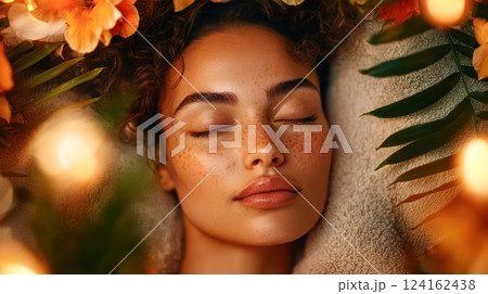 Young woman with glowing skin relaxing with closed eyes, surrounded by tropical flowers and soft candlelight, creating a peaceful spa atmosphere. 124162438