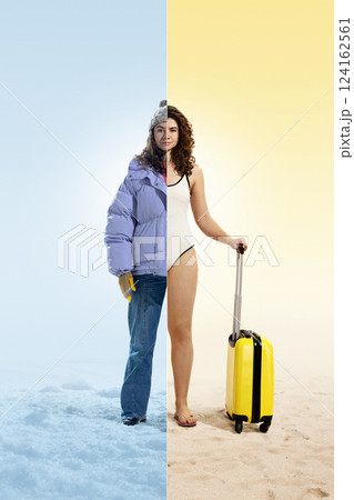 Seasonal transition. Collage. Woman in puffer jacket and swimsuit, standing with suitcase between snowy and sunny landscapes. 124162561