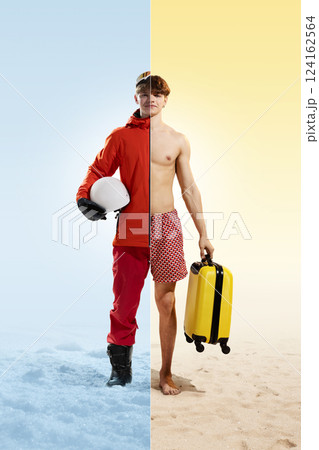 Collage. Season-split adventurer. Man in ski outfit and beach shorts, holding ski helmet and suitcase, standing at border of winter and summer. 124162564