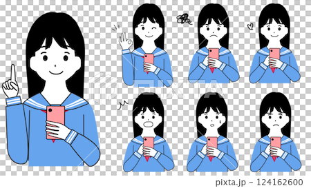 Facial expression set of female students operating smartphones Facial expression set of female students operating smartphones 124162600