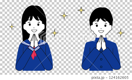 Illustration of the upper body of male and female students in uniforms who are happy with shining eyes Illustration of the upper body of male and female students in uniforms who are happy with shining eyes 124162605