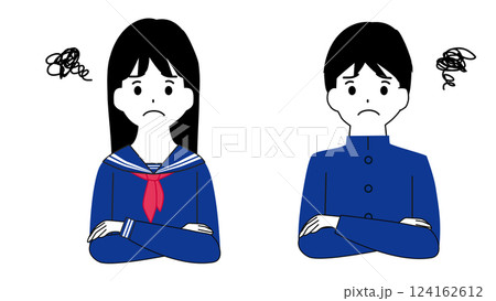 腕を組んで悩んでいる学生男女のイラスト 124162612