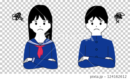 腕を組んで悩んでいる学生男女のイラスト 124162612