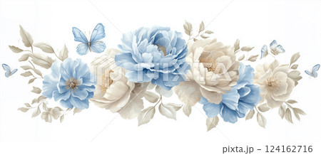 Floral arrangement featuring blue and cream flowers with butterflies in elegant design 124162716