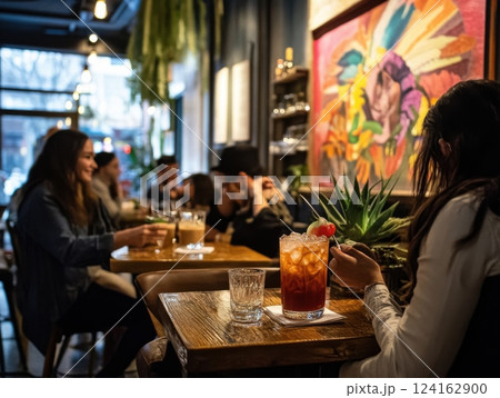 A trendy cafe scene with Carajillo cocktails being served to guests, after-dinner coffee cocktail 124162900