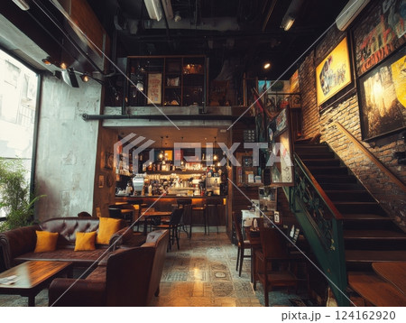 A wide-angle view of a trendy cafe, capturing the interior from below, showcasing furniture, decorations, and a cozy atmosphere A wide-angle view of a trendy cafe, capturing the interior from below, showcasing furniture, decorations, and a cozy atmosphere 124162920