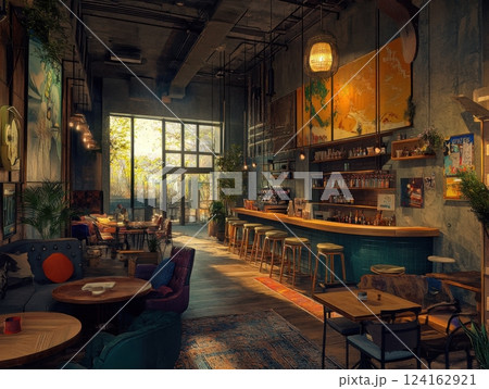 A wide-angle view of a trendy cafe, capturing the interior from below, showcasing furniture, decorations, and a cozy atmosphere A wide-angle view of a trendy cafe, capturing the interior from below, showcasing furniture, decorations, and a cozy atmosphere 124162921