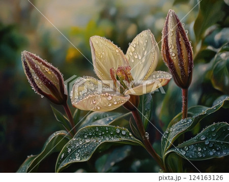 Dew-kissed flower buds opening on a sunny spring morning in a lush garden Dew-kissed flower buds opening on a sunny spring morning in a lush garden 124163126