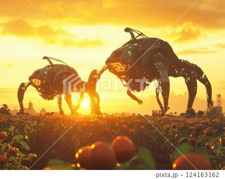 Robotic harvesters working in synchrony, collecting ripe produce under the golden sunset 124163162