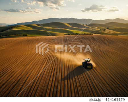 Satellite-guided tractor plowing straight furrows in a fertile field, surrounded by rolling hills 124163179