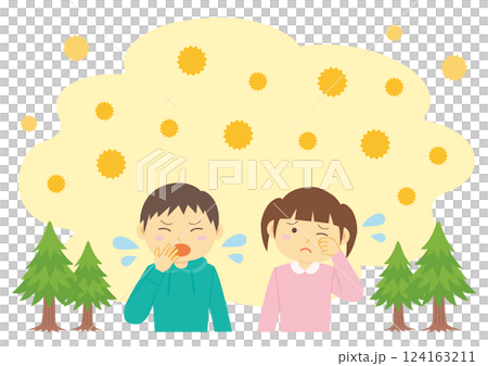 Illustration of pollen flying from trees and a child with hay fever 124163211