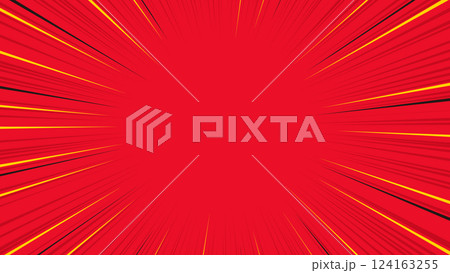 16:9サイズの赤色の背景素材：黒と黄色と赤で構成された集中線のベクターイラスト 124163255
