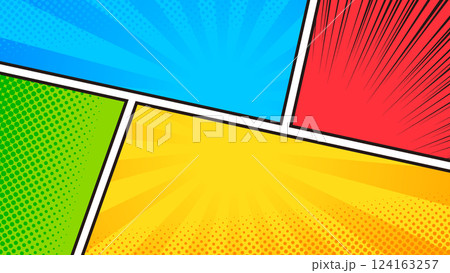 16:9サイズの背景素材：カラフルで賑やかなアメコミ風コマ割り背景のベクターイラスト 124163257