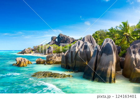 Anse Source D'Argent - the most beautiful beach of Seychelles. La Digue Island, Seychelles Anse Source D'Argent - the most beautiful beach of Seychelles. La Digue Island, Seychelles 124163401
