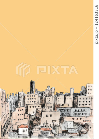 手描き水彩の昭和レトロな東京の街並み　縦型　ベクターイラスト　コピースペース　カード　ポスター　広告 124163516