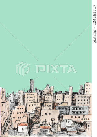 手描き水彩の昭和レトロな東京の街並み　縦型　ベクターイラスト　コピースペース　カード　ポスター　広告 124163517