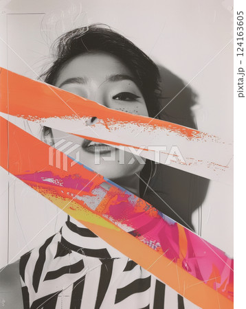 Orange slash collage on monochrome portrait 124163605