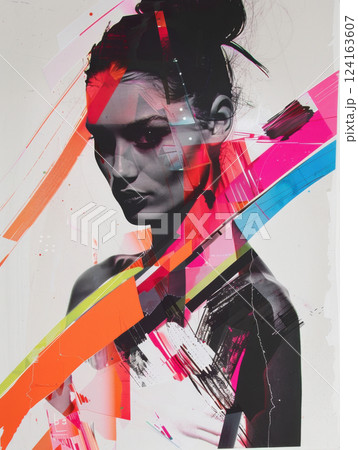 Monochrome portrait with neon abstract collage 124163607