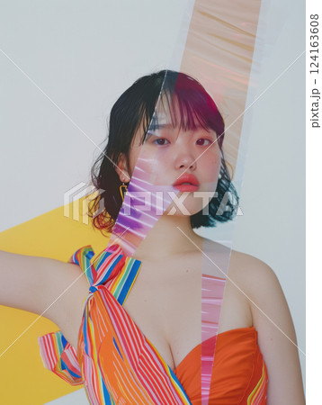 Colorful translucent stripes with plus-size model 124163608