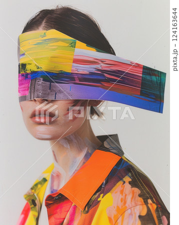 Vibrant paint band collage on modern female portrait 124163644