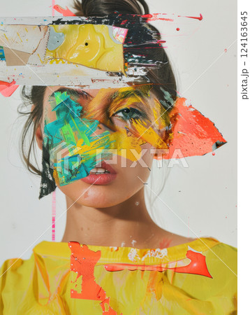 Colorful abstract paint collage portrait with bold brush strokes 124163645