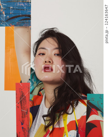 Bold color block collage with confident female expression 124163647