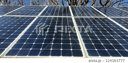 Solar panels are installed in a natural setting, showcasing the technology designed to harness solar energy under a bright blue sky on a sunny day 124163777