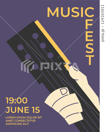 Music festival retro poster design with hand on guitar neck. Music festival background template. Vector illustration Music festival retro poster design with hand on guitar neck. Music festival background template. Vector illustration 124163911