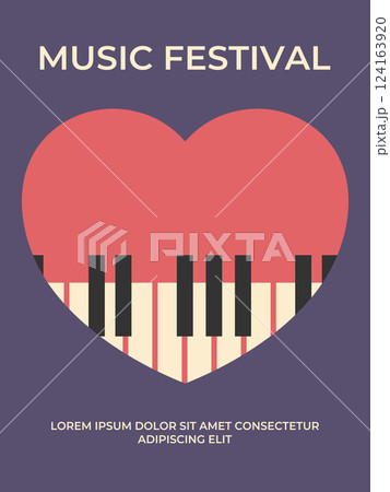 Music festival poster design with piano keys in heart shape. Minimalist music festival template. Vector illustration 124163920