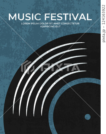 Grunge music festival poster design with vinyl record silhouette. Music festival template. Vector illustration Grunge music festival poster design with vinyl record silhouette. Music festival template. Vector illustration 124163922