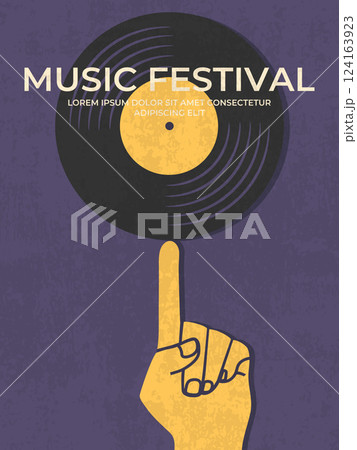 Music festival poster with a hand spinning vinyl record on an index finger. Music festival template. Vector illustration Music festival poster with a hand spinning vinyl record on an index finger. Music festival template. Vector illustration 124163923