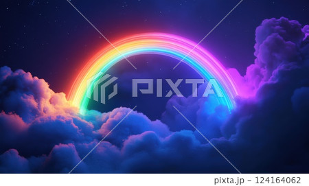 Glowing neon rainbow arcs over dreamy night clouds. Vibrant spectrum lighting creates a surreal, magical, and celestial fantasy sky scene 124164062